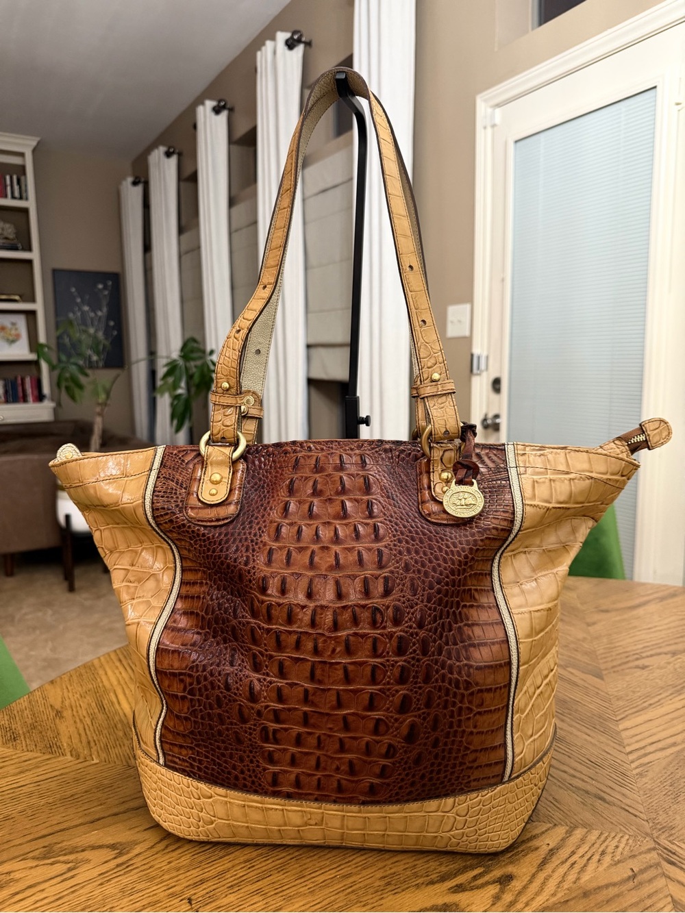 EUC Brahmin Y2K Large Misha Carryall Tote Pecan/Sand Tri-color Croc Embossed Bag